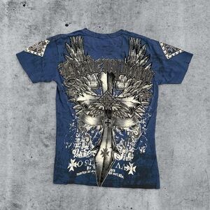 Y2K Raw State Redemption Angel Crosses Velvet Graphic Shirt AOP MMA Size Medium